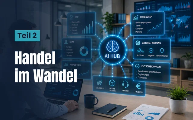 Mann sitzt am Laptop in einem Büro und eine KI System verbindet verschiedene Plattformen wie ERP und CRM