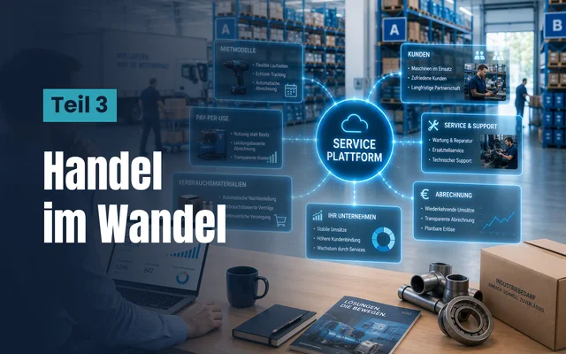 Mann sitzt vor einem Laptop. Im Vordergrund einer Lagerhalle schweben transparente Icons mit der Aufschrift Service Plattform, Pay-per-Use und Mietmodelle