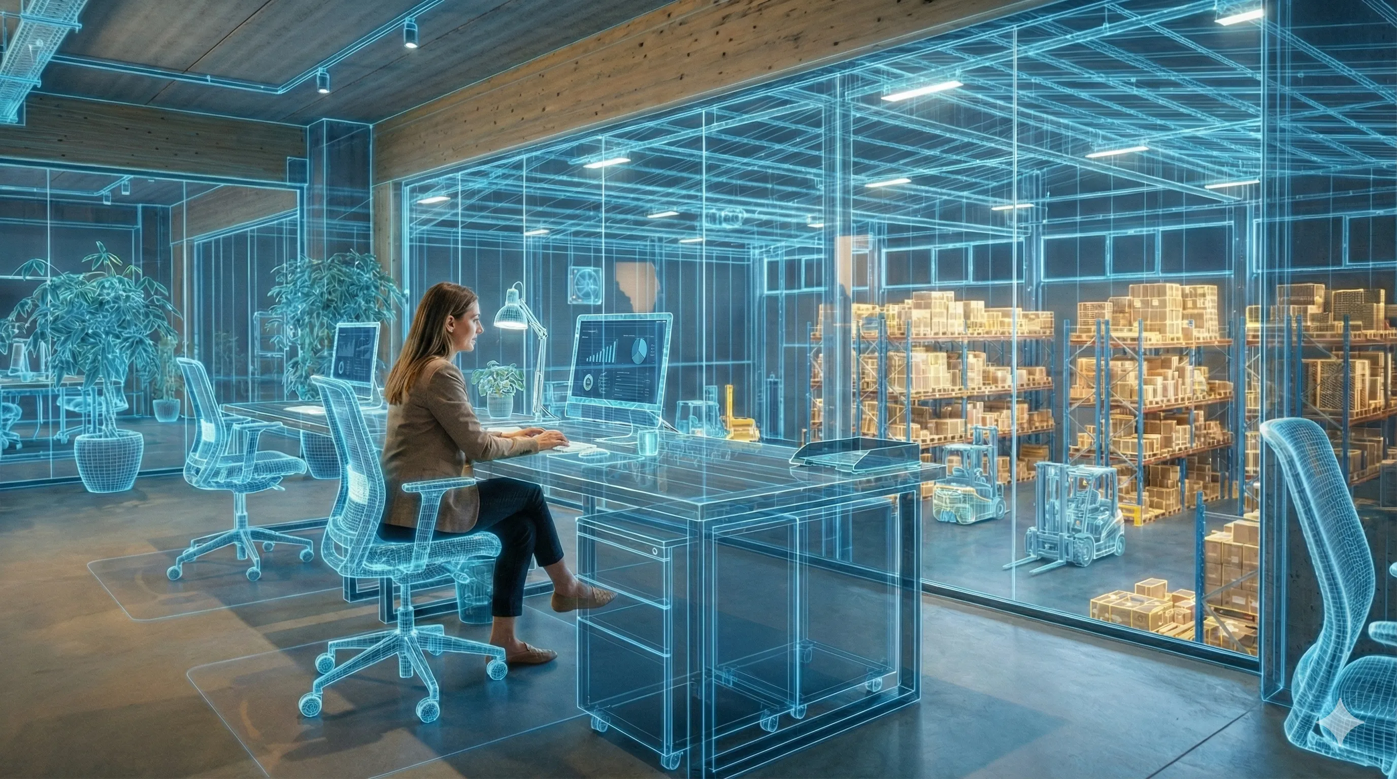 Frau sitzt vor einem Laptop in einem virtuellen Büro. Dahinter ist eine Lagerhalle mit Inventar mit kleinen Stückzahlen.