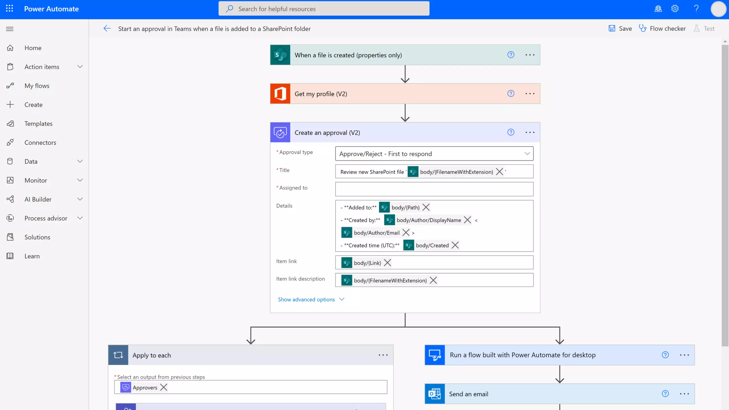 Microsoft Power Automate Editor zum Erstellen von mehrstufigen Workflows